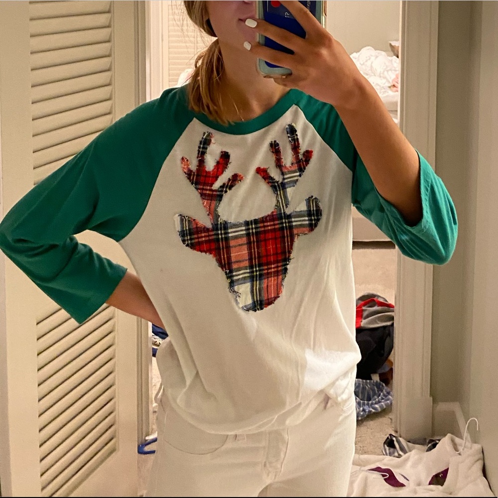 green flannel reindeer tee